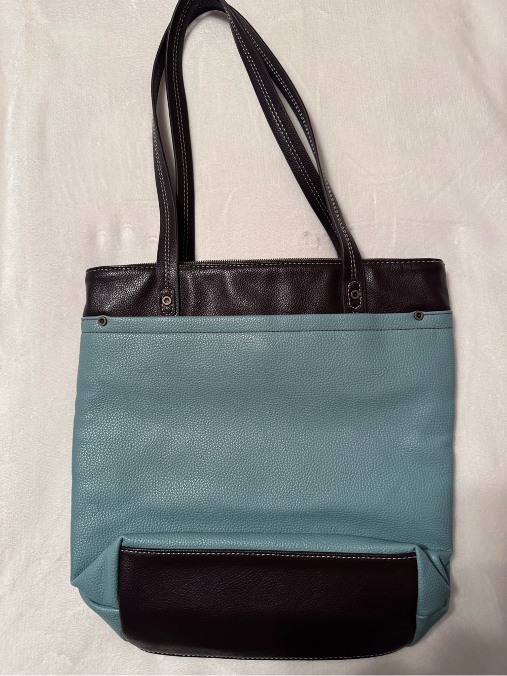 Chala Teal Tote with Pink Flamingo Applique and Dark Brown Trim - Picture 2 of 5